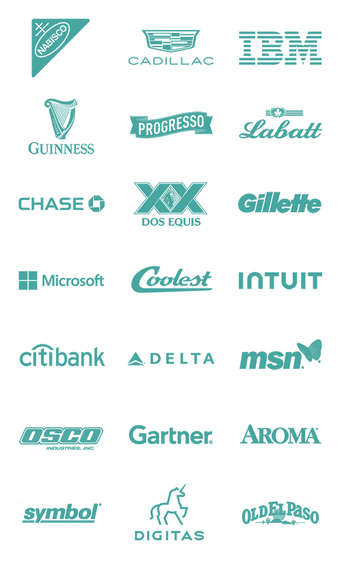 Client List: Nabisco, Microsoft, IBM, MSN,Cadillac, USCO, Gartner Group, Digitas, Delta, Gillette, Intuit, Guinness, Dos Equis, Labbatt, Progresso, Old ElPaso, Symbol Technologies, Aroma, Chase, Citi Bank, Coolest LLC.