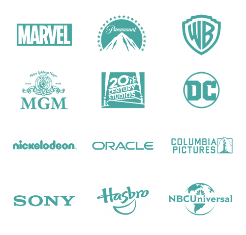 Licensing Client List: Warner Bros, Sony, Nickelodeon, Oracle, Hasbro, Paramount Pictures, MGM, Marvel, DC, 20th Century Fox, NBC Universal